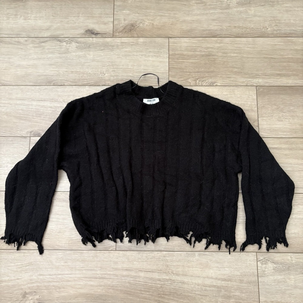 Double Zero Sweater Womens Small Cropped Oversized Frayed Grunge‎ Black